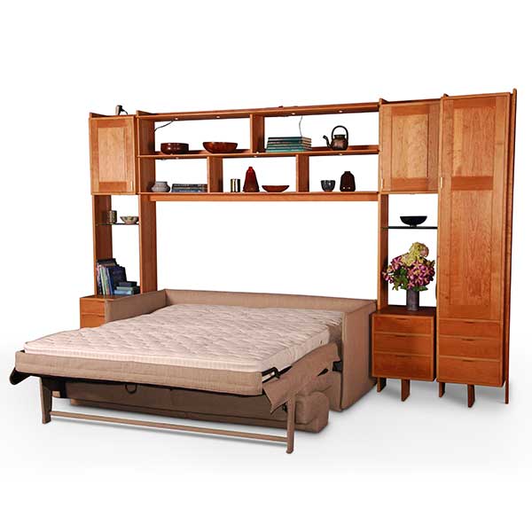 ND-Wall-Unit_With-POL-SofaBed-open-600 Sofa bed surrounding cabinets shown with bed open